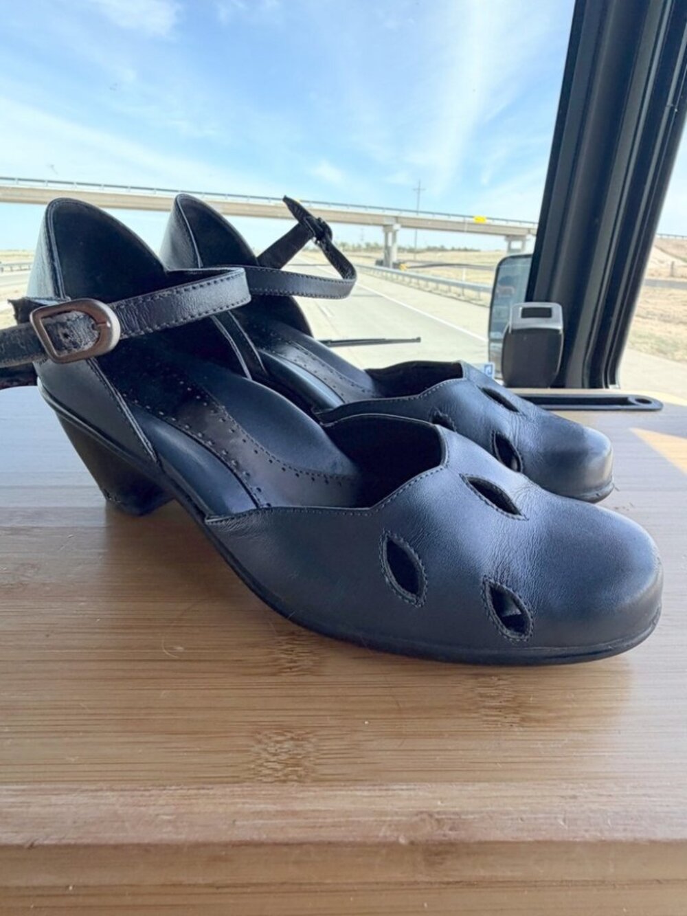 Dansko Women 39 Navy Blue Leather Mary Jane Cut Out Ankle Strap Block Heel Pumps